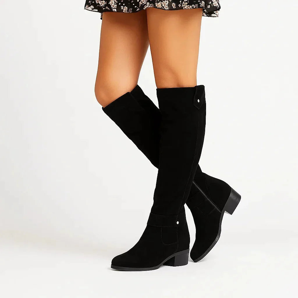 Knee-high suede boots with block heel for women in Black
