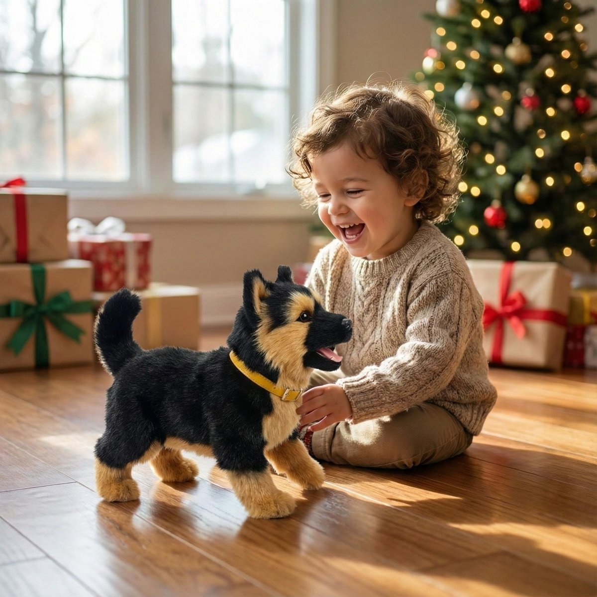 A happy toddler laughs while playing on the floor with the Kouvr interactive robot German Shepherd puppy toy which is barking.