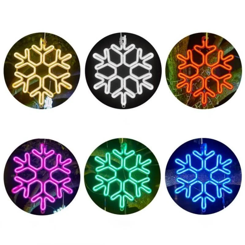 Seks farverige neon snefnug lys i forskellige nuancer: gul, hvid, rød, pink, grøn og blå. Perfekt til juledekoration og festlig belysning.