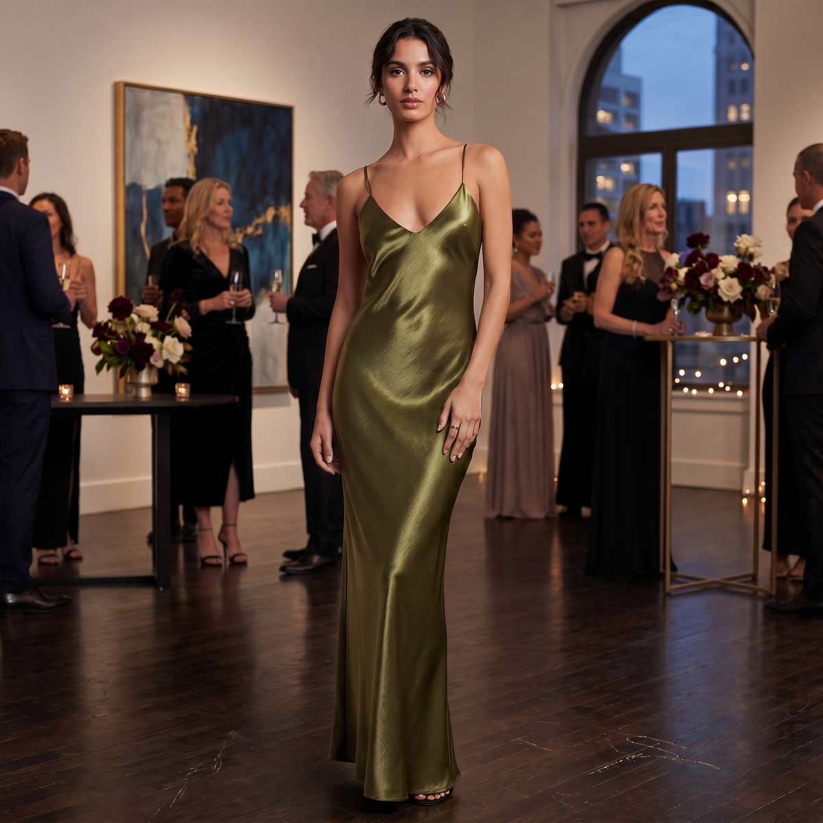Vestido de cetim verde-azeitona de alças
