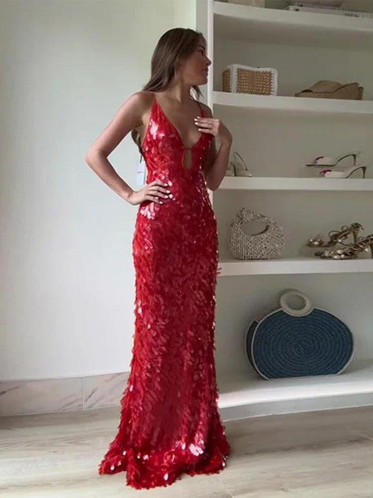 Vestido vermelho de lantejoulas para mulher – Vestido comprido até ao chão com alças finas e decote em V