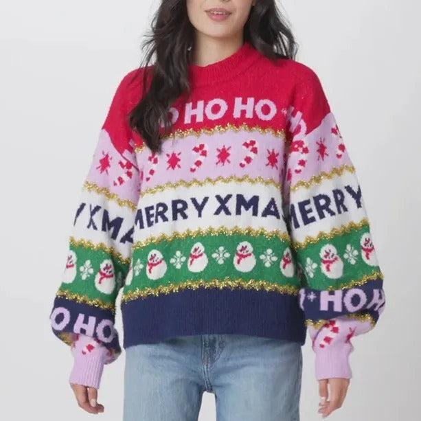 Női kötött karácsonyi pulóver - Színes pulóver „Ho Ho Ho”, „Merry Christmas” felirattal és hópelyhekkel