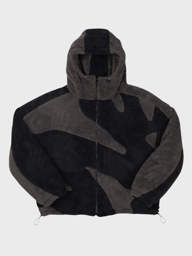 Grå og sort camouflage hættetrøje i plys, unisex design, varm vinterjakke, moderne streetwear stil, perfekt til koldt vejr.