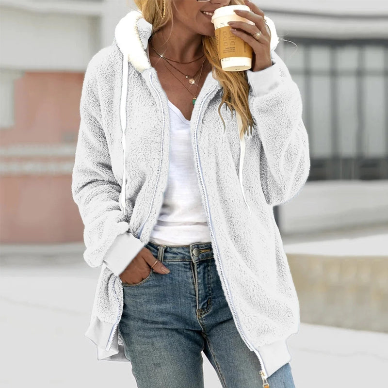 Margaux hooded teddy coat in white, front view with hood up