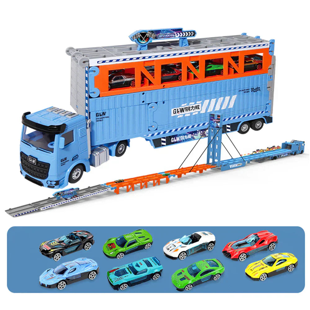 Blå legetøjslastbil med biltransportfunktion, inkluderer flere farverige miniaturebiler. Perfekt til børn, der elsker racerbiler og transportlegetøj.