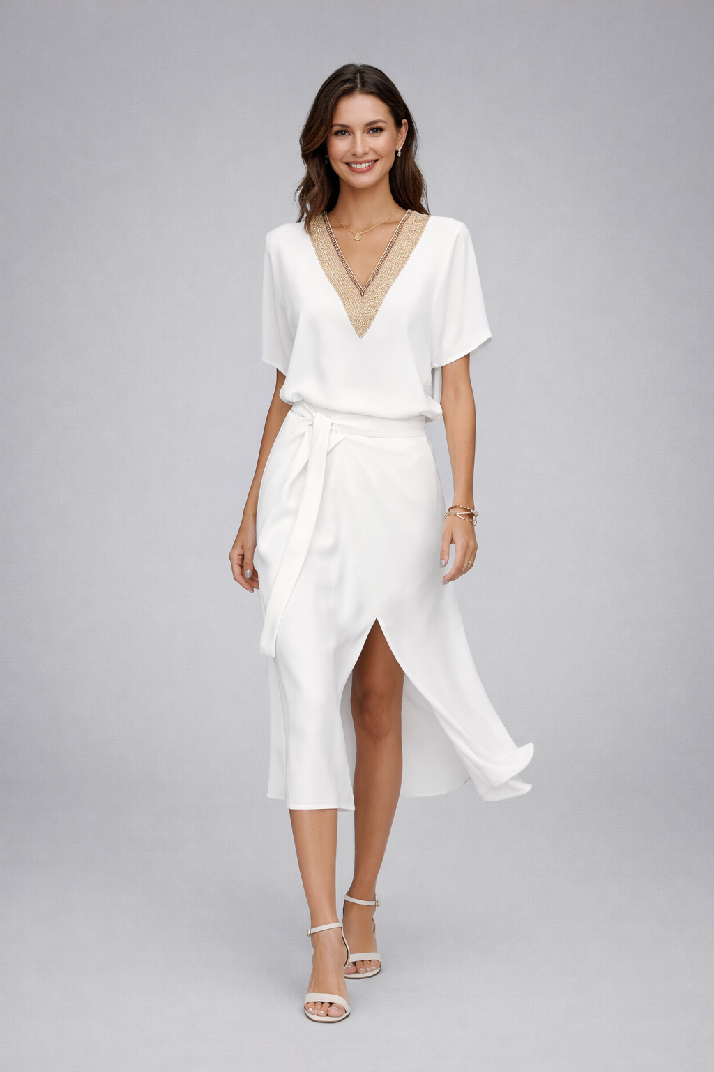Women’s midi dress with V-neck elegant white design modern fit