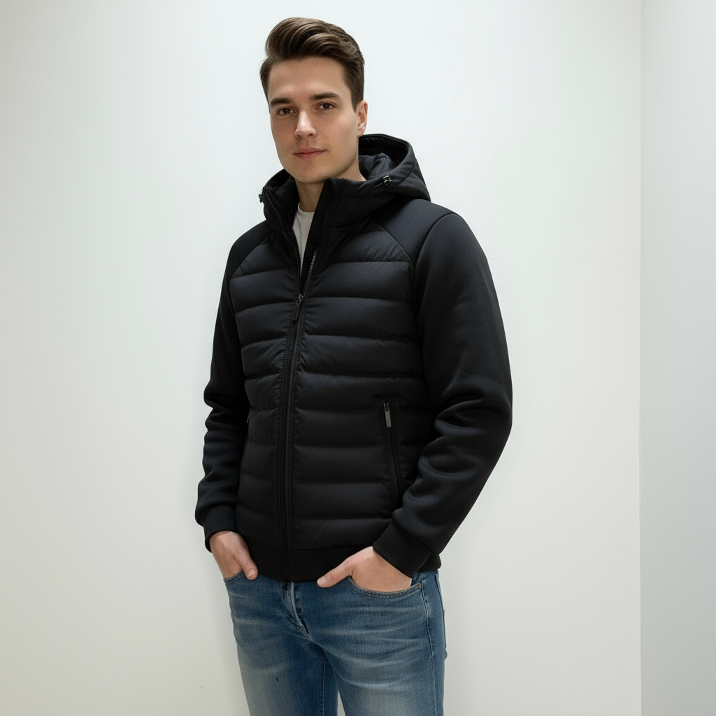 Ung mand iført sort hættejakke og blå jeans, står mod hvid baggrund. Moderne herremode, vinterjakke, casual stil.