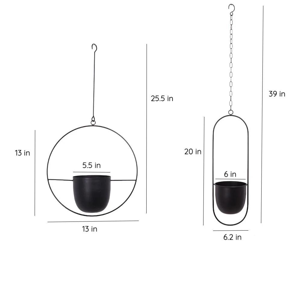 Sort hængepotte sæt i metal, moderne design, to størrelser: rund (25,5x13 tommer) og oval (39x6,2 tommer), ideel til indendørs planter.