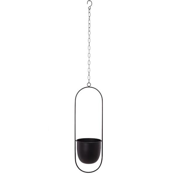 Sort hængeplanteholder i metal med kædeophæng, minimalistisk design, ideel til indendørs dekoration. Perfekt til moderne boligindretning.