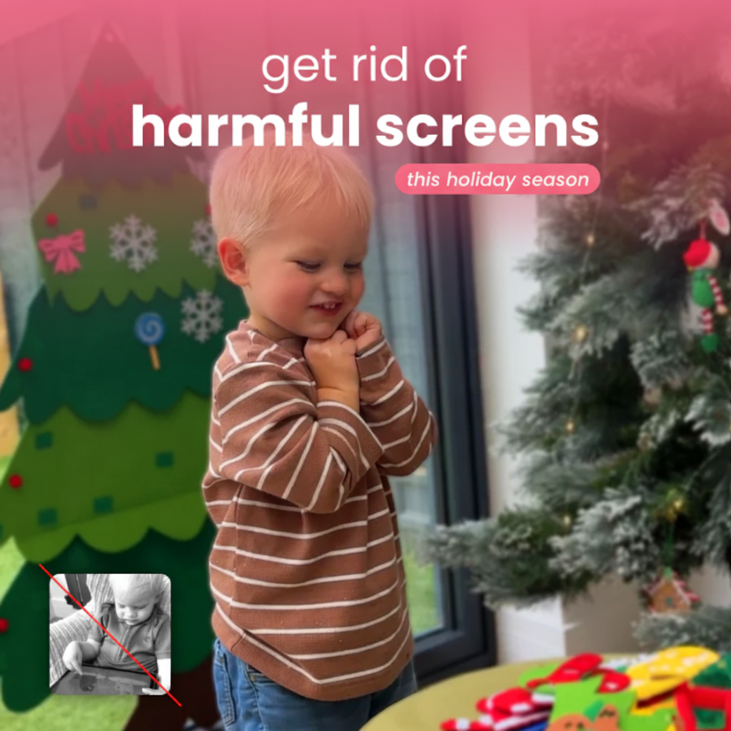 Lille dreng i stribet trøje ved siden af juletræ og papirsdekoration, med tekst "get rid of harmful screens this holiday season".