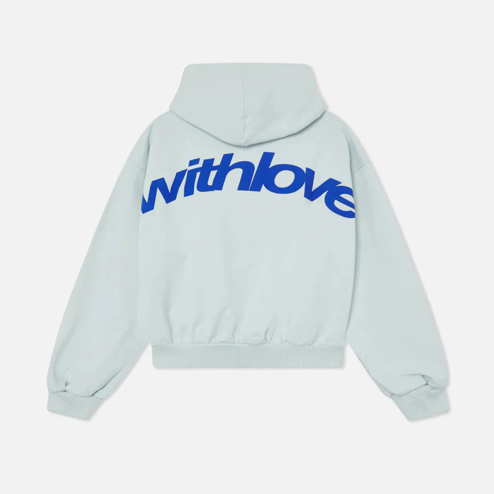Lyseblå hættetrøje med blå »withlove«-tekst på ryggen, unisex-design, moderne streetwear, behagelig pasform, populær mode, afslappet stil.
