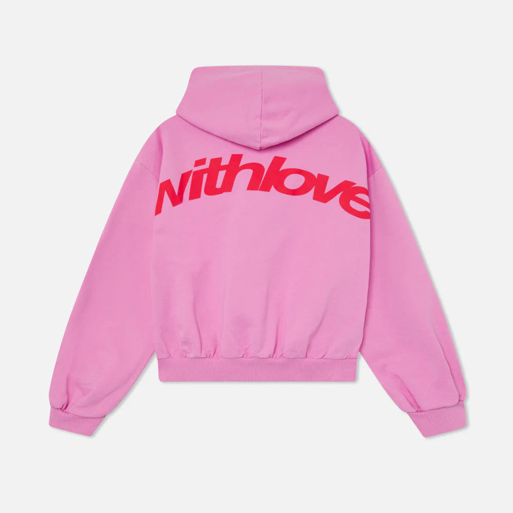 Lyserød hættetrøje med rød »withlove«-tekst på ryggen, unisex-design, moderne streetwear, behagelig pasform, populær mode, afslappet stil.