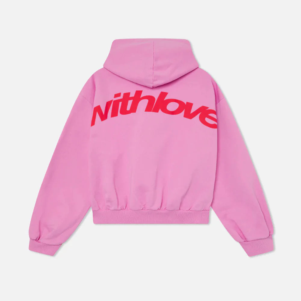 Lyserød hættetrøje med rød »withlove«-tekst på ryggen, unisex-design, moderne streetwear, behagelig pasform, populær mode, afslappet stil.