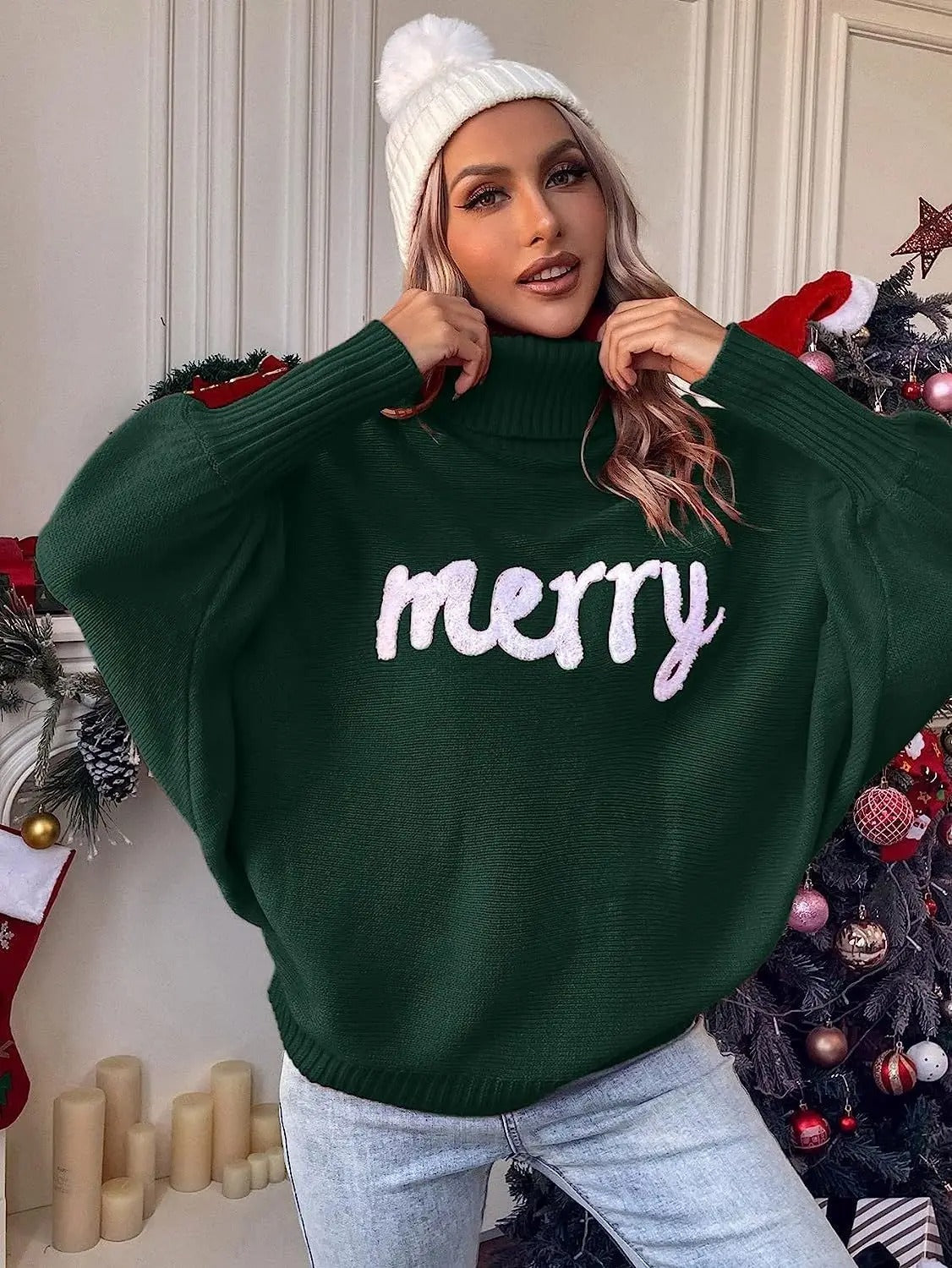 Julesweater til kvinder – Oversized strikbluse med rullekrave og juletekst
