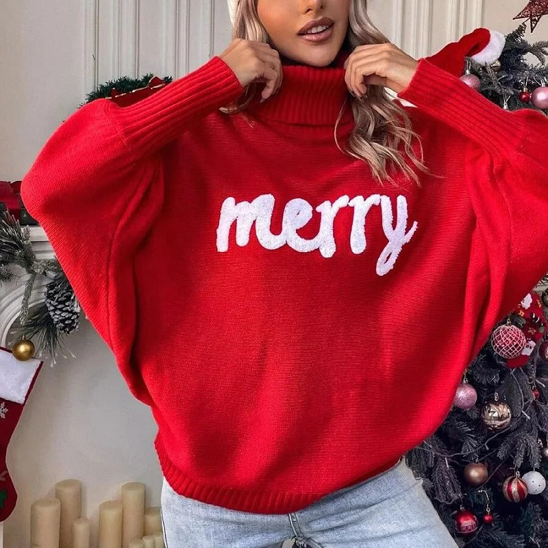 Julesweater til kvinder – Oversized strikbluse med rullekrave og juletekst