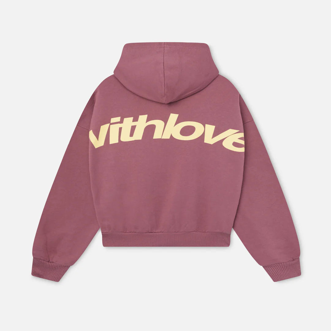 Burgunderfarvet hættetrøje med beige »withlove«-tekst på ryggen, unisex-design, moderne streetwear, behagelig pasform, populær mode, afslappet stil.