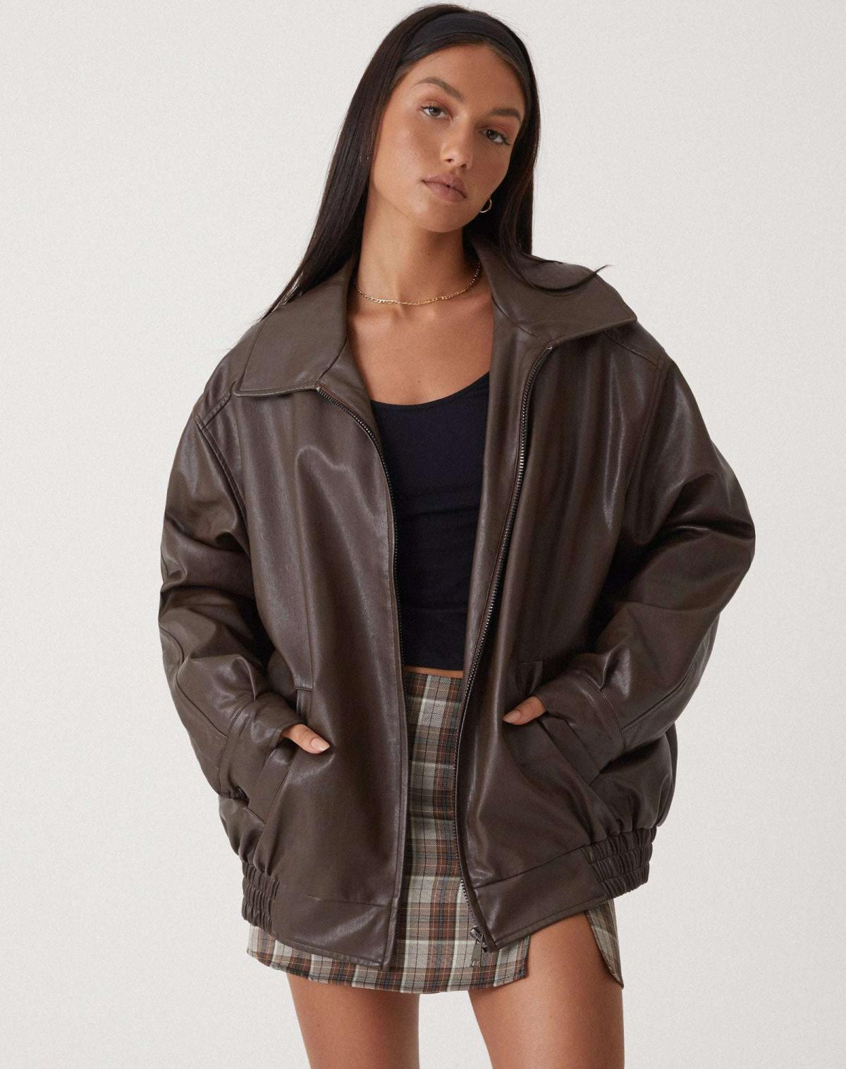 Chaqueta bomber oversize de PU - Marrón oscuro estilo urbano