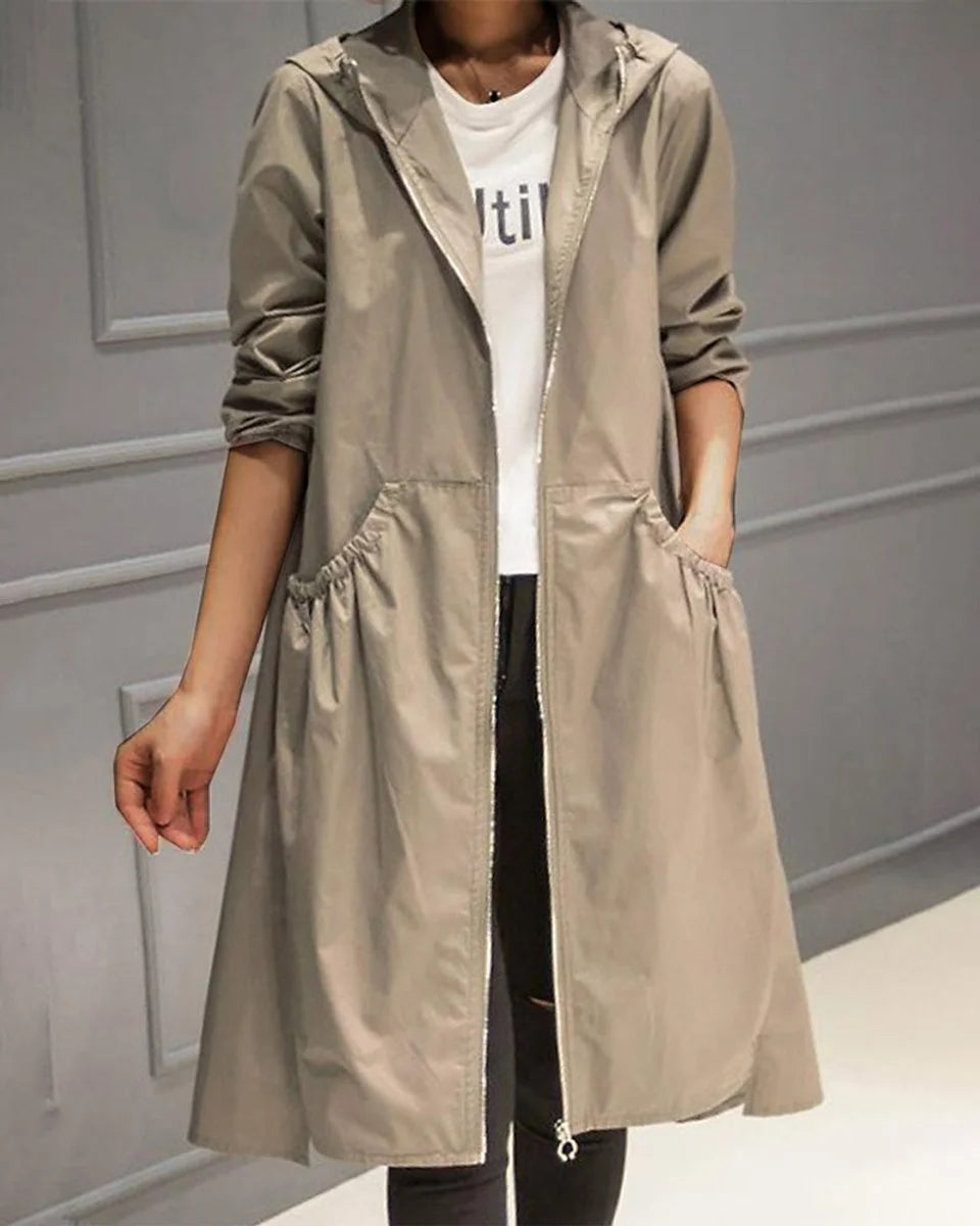 Women's hooded waterproof long trench coat zip-up in Khaki