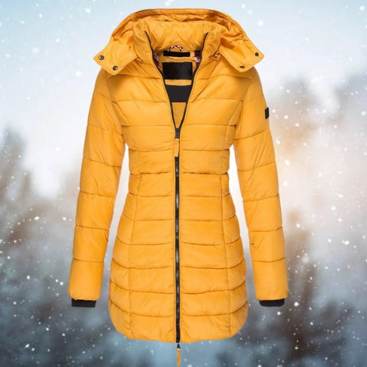 Women's long hooded puffer quilted jacket zip-up winter coat in Yellow