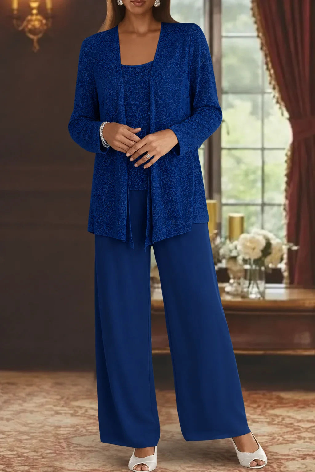 Women's sequin 3-pc set: jacket, wide leg pants, & matching top.