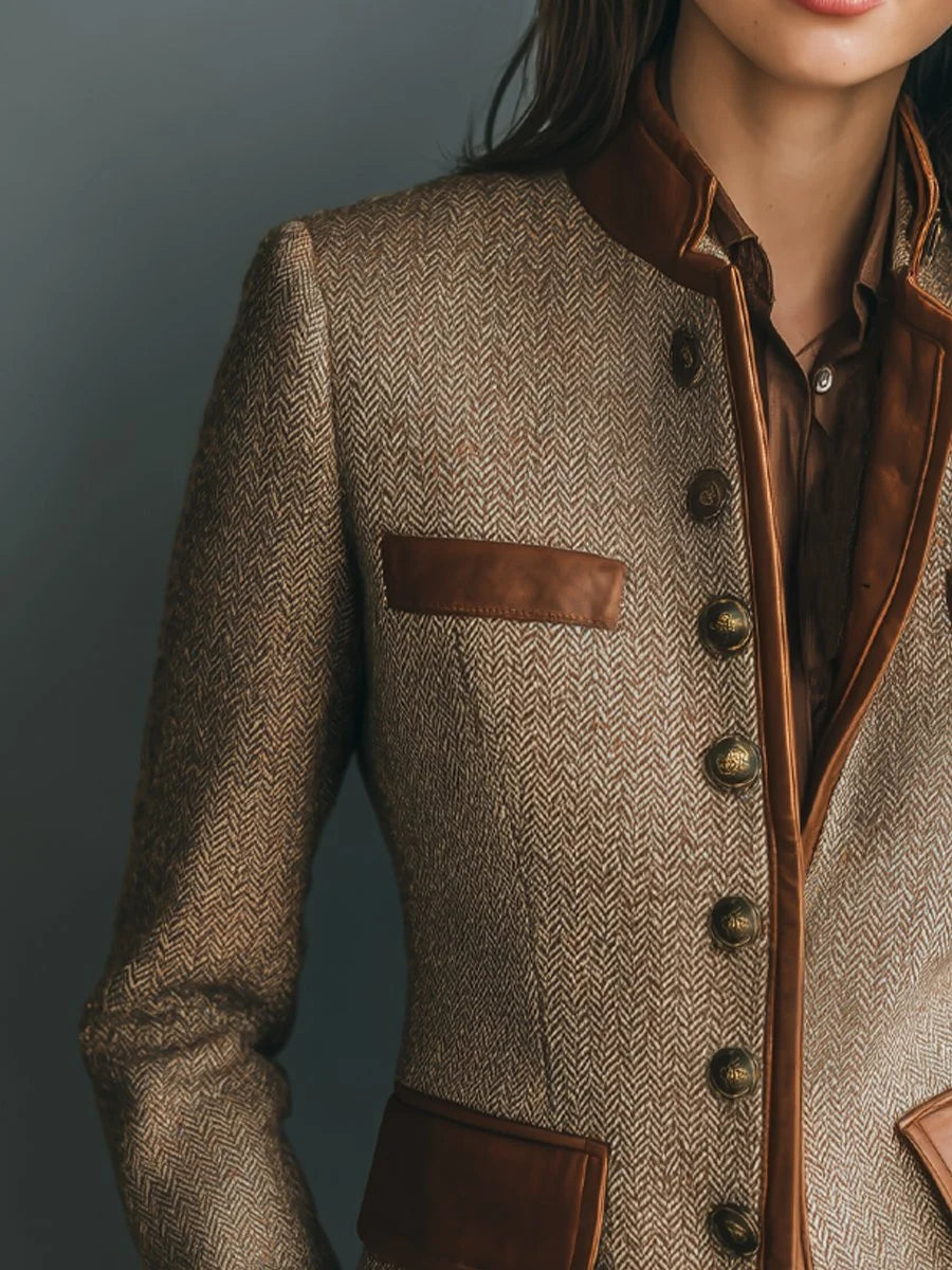 Women's vintage herringbone tweed leather-trim button-front jacket