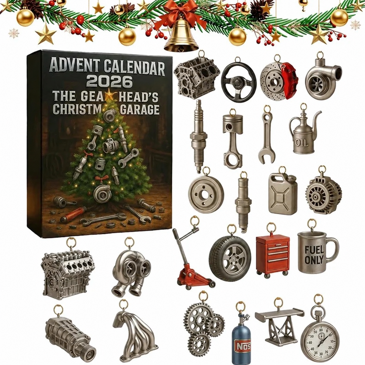 Gearheads Christmas Garage 2026 Advent Calendar - surprise box with 24 days of tool-themed gifts for car enthusiasts and DIYers during Christmas