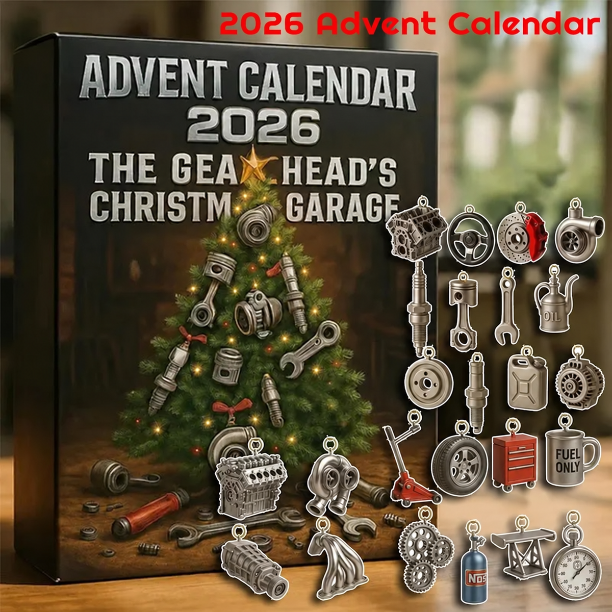 Gearheads Christmas Garage 2026 Advent Calendar - surprise box with 24 days of tool-themed gifts for car enthusiasts and DIYers during Christmas