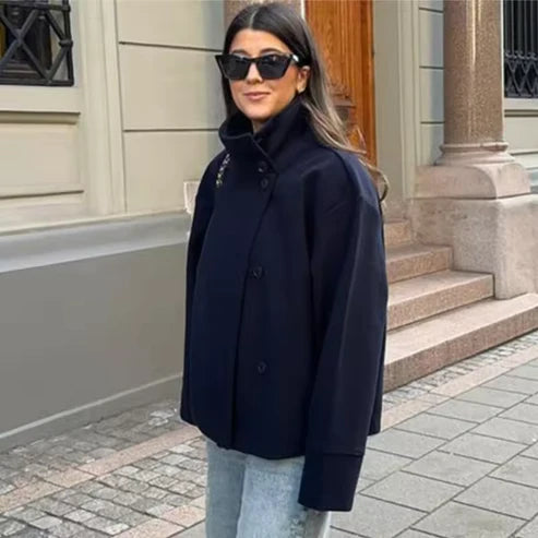 Elegant double-breasted short coat for women - Modern transitional jacket