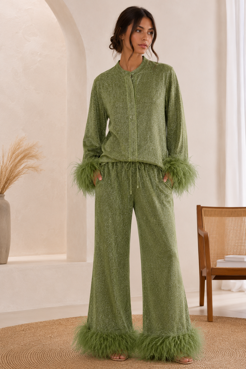 Conjunto de lentejuelas para mujer - top con detalles de plumas y pantalones de pernera ancha | Conjunto de fiesta de dos piezas para eventos nocturnos y ocasiones festivas