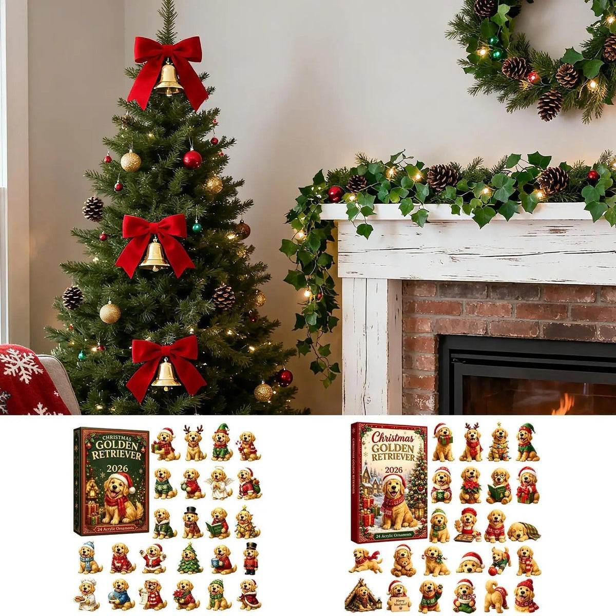 Calendario de Adviento 2026 – Adorno navideño 2D dulce con forma de golden retriever americano (cuenta atrás de 24 días)