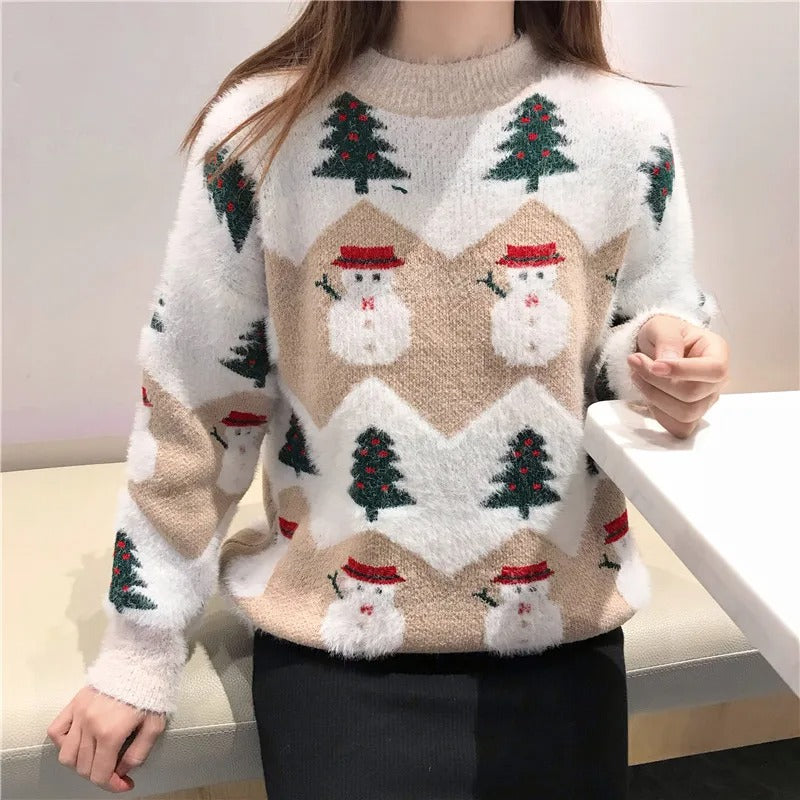 Maglione natalizio da donna con motivo di pupazzo di neve e albero di Natale - maglione in maglia accogliente
