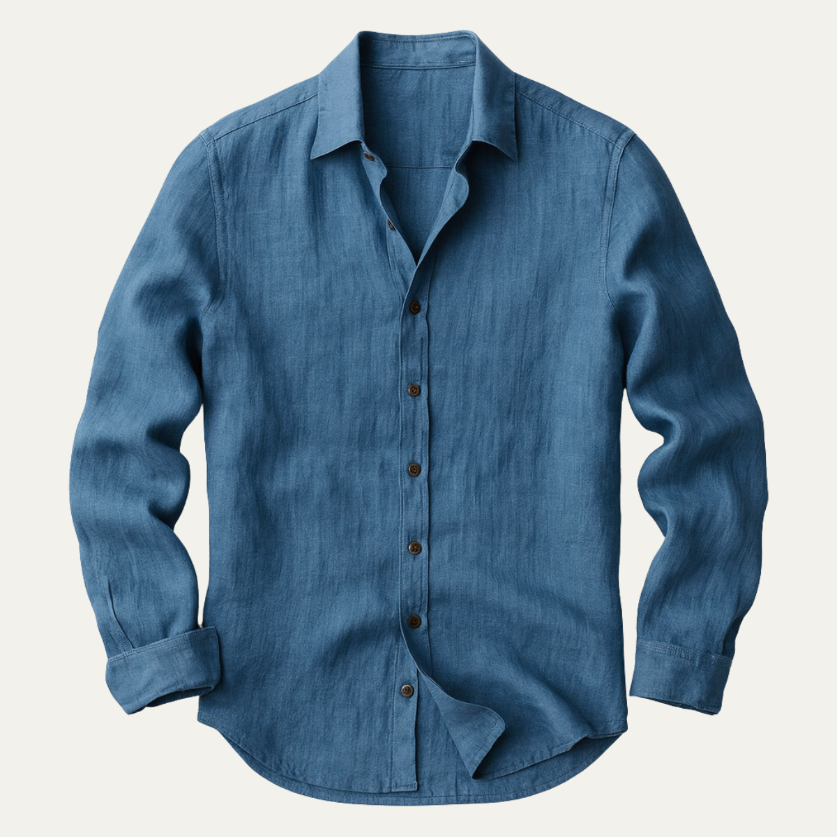 Blå linnedskjorte til mænd med lange ærmer og knapper, klassisk design, velegnet til både formelle og afslappede lejligheder.
