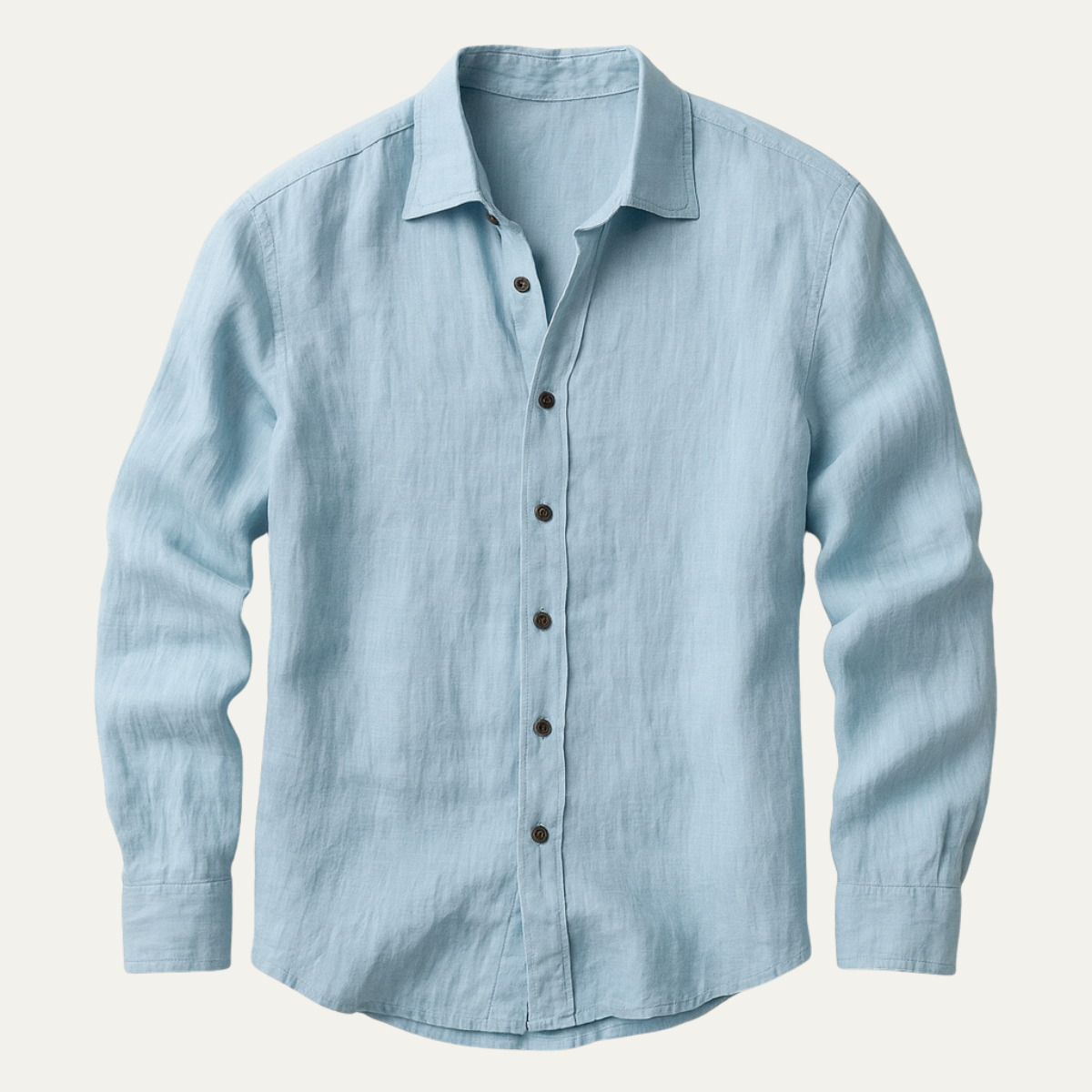 Lyseblå linnedskjorte til mænd med lange ærmer og sorte knapper. Stilfuldt og åndbart design, perfekt til både formelle og afslappede lejligheder.