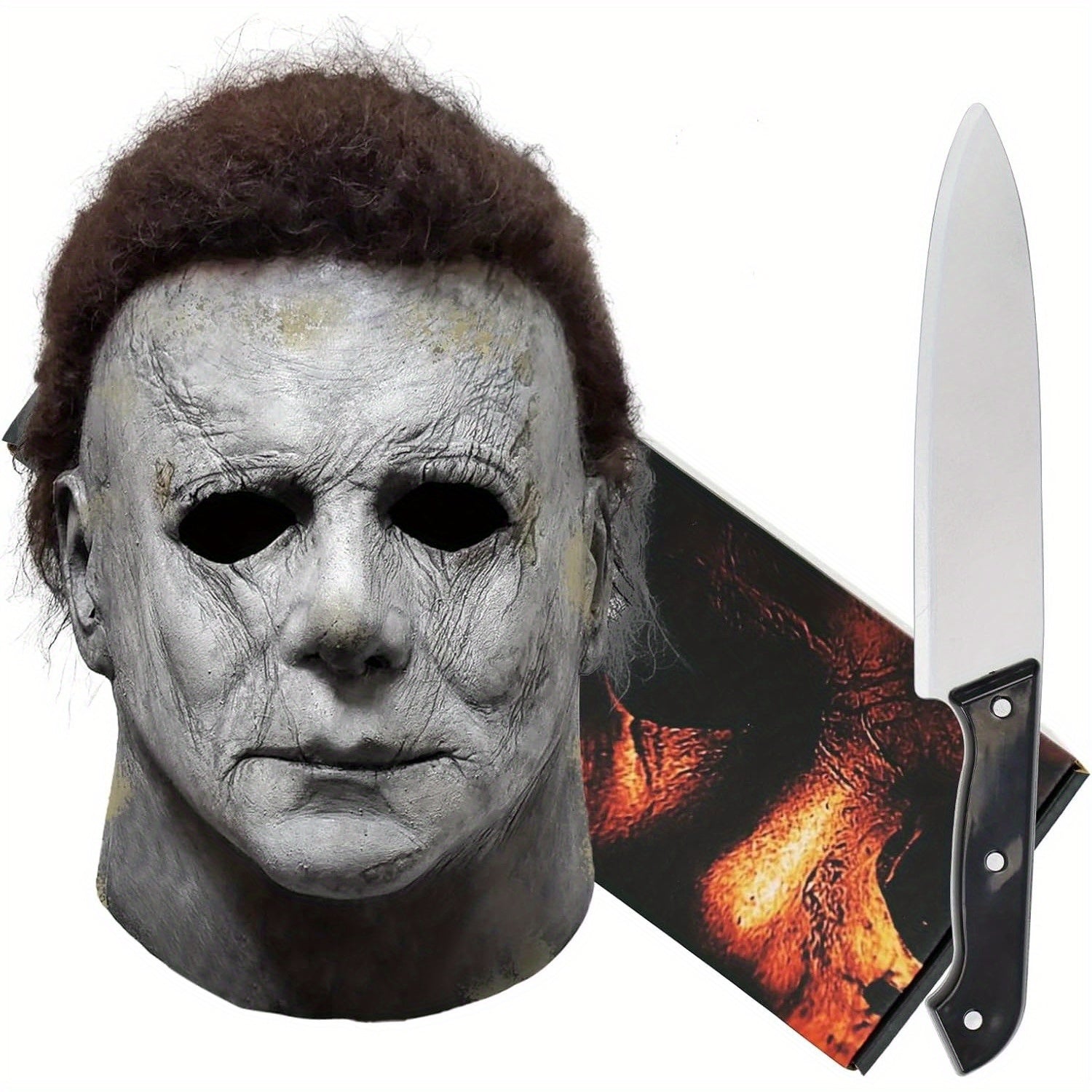 Michael Myers maske med kniv og filmcover. Halloween kostume tilbehør, skræmmende maske, gyserfilm ikon, realistisk latex design.