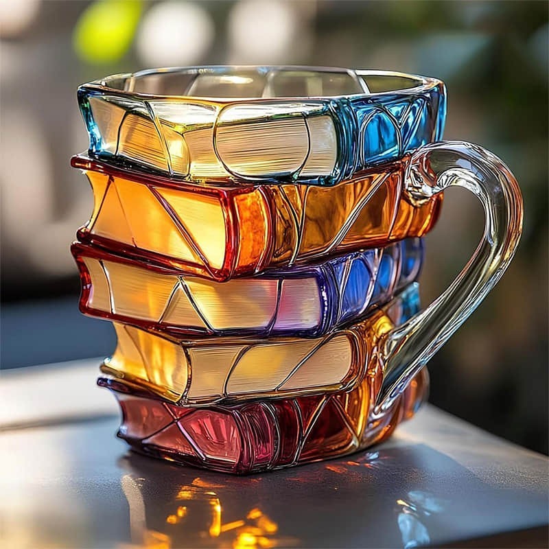 Farverig glaskrus formet som stabel af bøger, skinnende i sollys. Unikt design, kunstnerisk kaffekrus, perfekt til bogelskere og samlere.