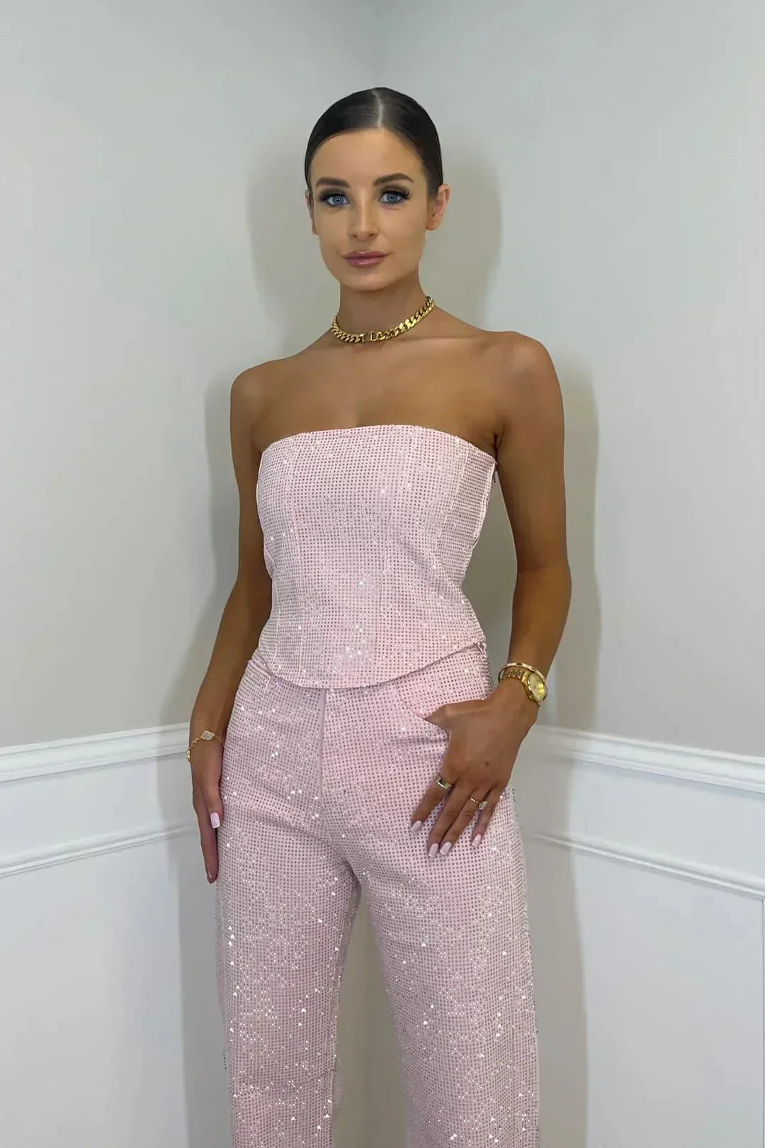 Strapless festive pantsuit with sparkling details