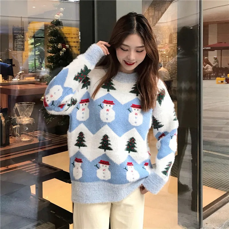 Maglione natalizio da donna con motivo di pupazzo di neve e albero di Natale - maglione in maglia accogliente