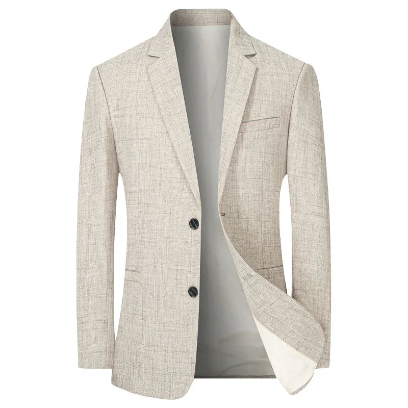 Beige herreblazer i linned med to knapper og klassisk snit. Perfekt til formelle lejligheder. Stilfuldt og moderne design.