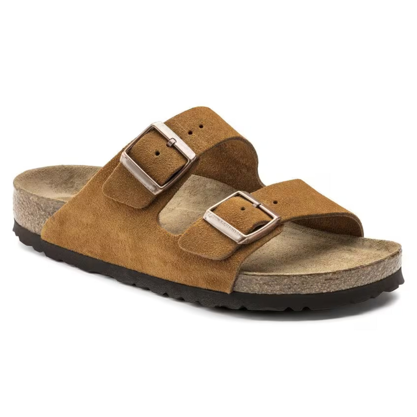 Brun Birkenstock Arizona sandal i ruskind med to justerbare spænder og ergonomisk fodseng. Komfortabel og stilfuld fodtøj til hverdagsbrug.