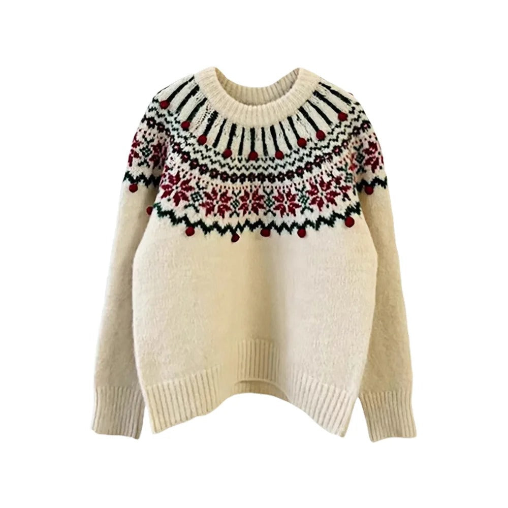 Pull de Noël en maille pour femme avec motif jacquard - Pull crème et rouge à motif géométrique