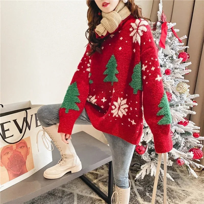 Suéter navideño para mujer – Jersey de punto de corte oversize con árboles rojos y copos de nieve