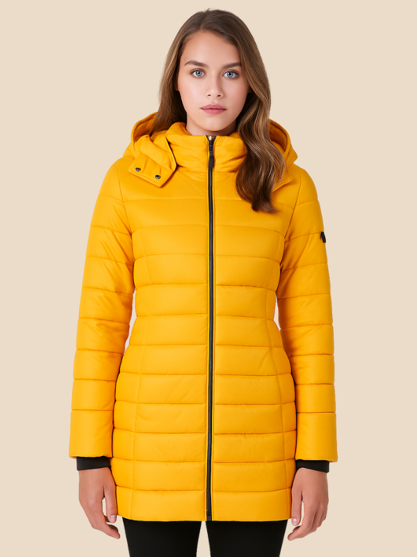 Kvinde i gul vinterjakke med hætte, lynlås og quiltet design. Moderne og stilfuld overtøj til koldt vejr. Perfekt til vintermode.