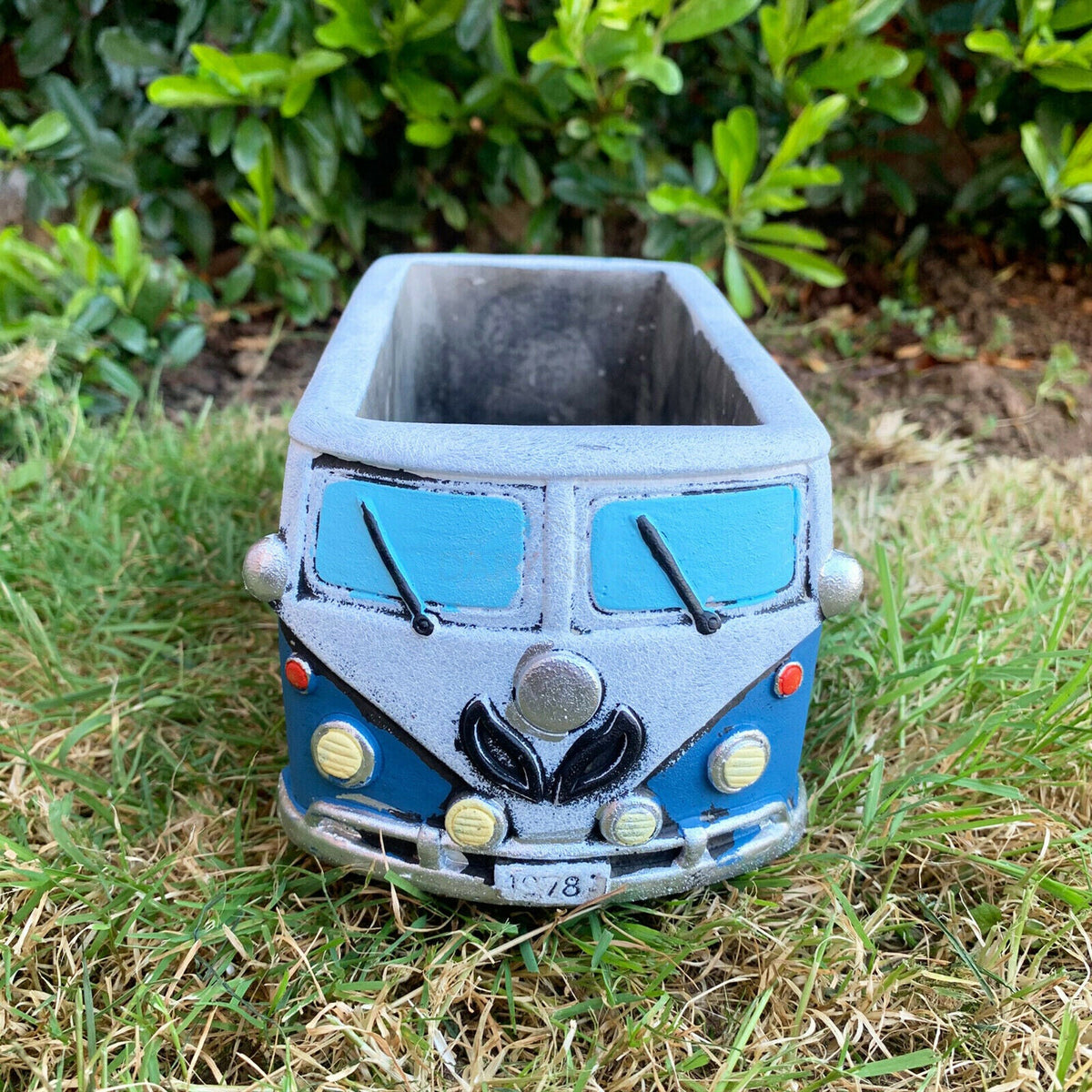 Portavaso a forma di camper blu in cemento - 21 cm