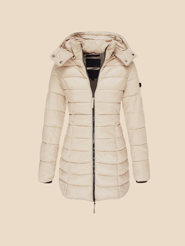 Beige dame vinterjakke med hætte og lynlås, quiltet design. Stilfuld og varm jakke til vinterbrug. Perfekt til kolde vejrforhold.