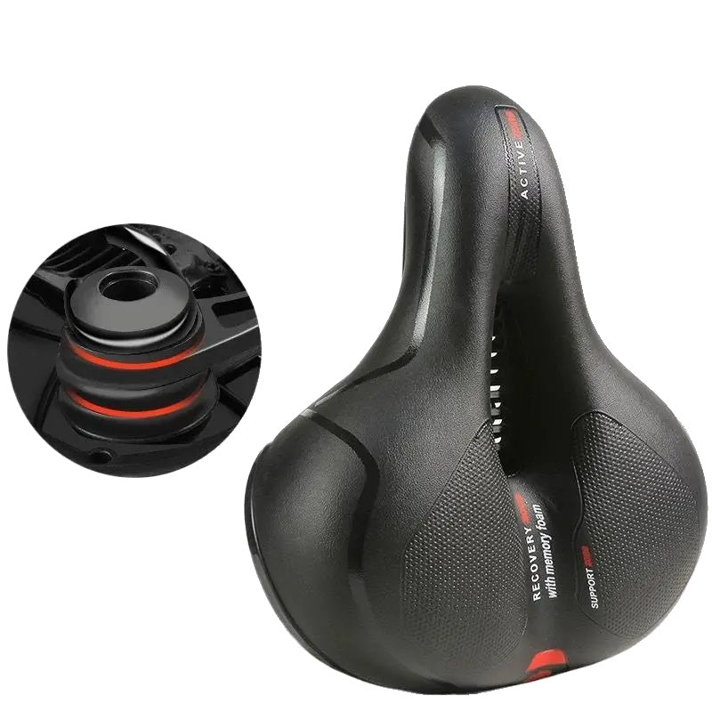 Sort cykelsæde med ergonomisk design og memory-skum, ideelt til komfortabel cykling. Inkluderer støddæmpende fjeder for forbedret stødabsorbering.