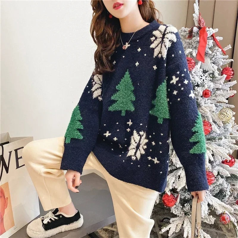 Suéter navideño para mujer – Jersey de punto de corte oversize con árboles rojos y copos de nieve