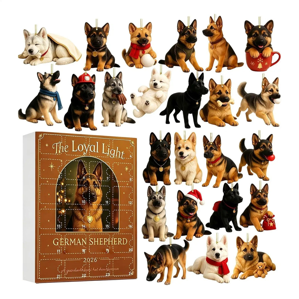 Deutscher-Schäferhund-Adventskalender 2026 – 24 flache 2D-Figuren von Deutschen Schäferhunden – Überraschungsgeschenk zum Countdown bis Weihnachten