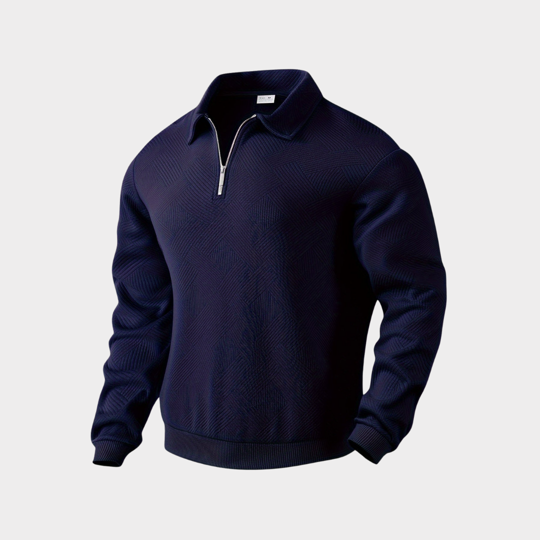 Mørkeblå herretrøje med lynlås, langærmet og klassisk krave. Perfekt til casual og formelle lejligheder. Komfortabelt og stilfuldt design.