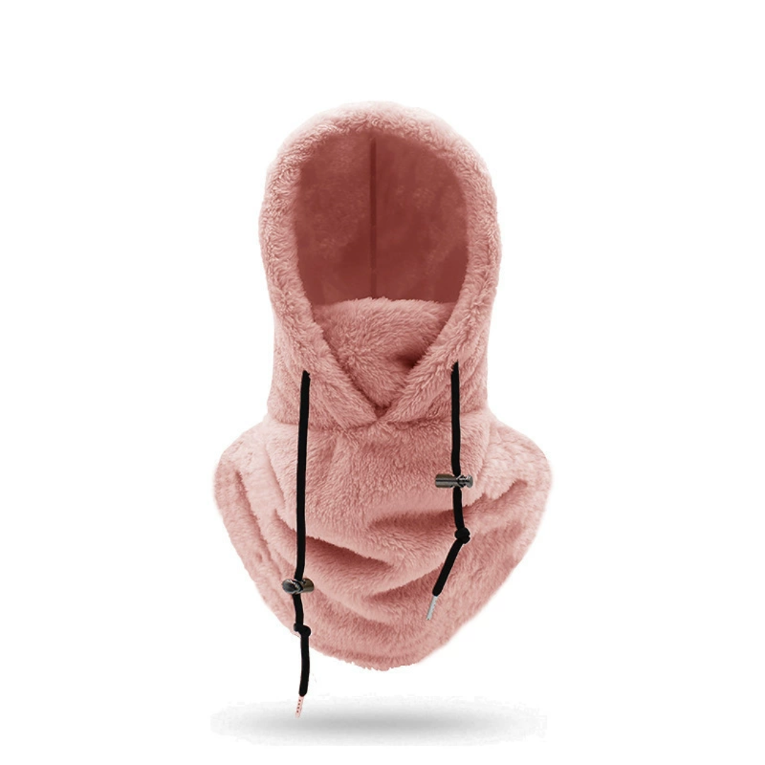 Lyserød fleece balaclava hætte med justerbare snore, varm og blød vinterbeklædning til udendørs aktiviteter, unisex design.