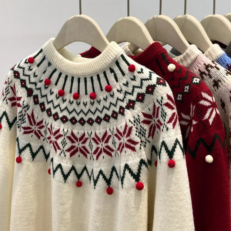 Pull de Noël en maille pour femme avec motif jacquard - Pull crème et rouge à motif géométrique